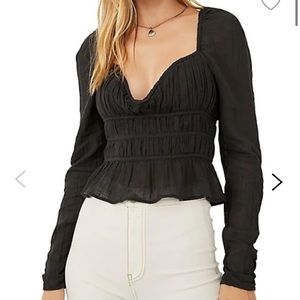 FREE PEOPLE Chloe Smocked Tie Neck Cotton Top BNWT BLACK